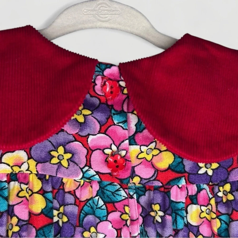 RARE Vintage Petals San Francisco Corduroy Floral Dress Red Collar Girls Size 6
